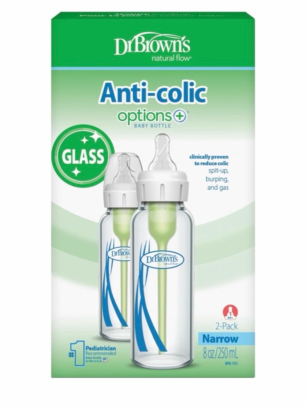 Dr. Brown's Anti-Colic Options+ Glass Baby Bottles, White & Green (2-Pack)